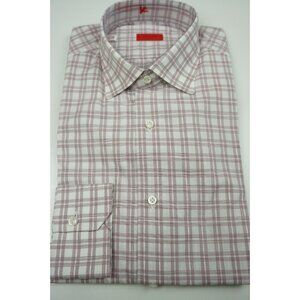 Isaia White Wine Red Plaid Long Sleeve Cotton Dress Shirt 15.5/39 NEW